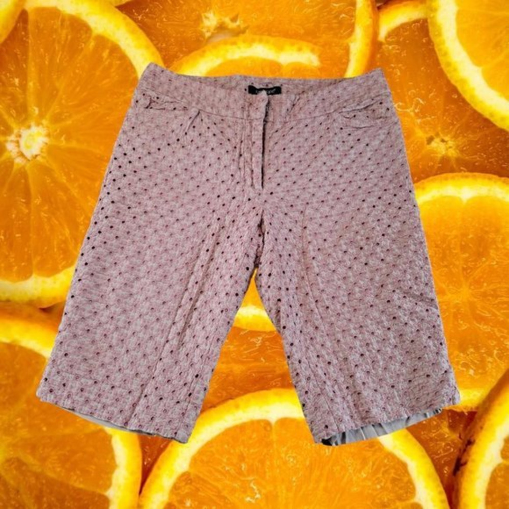 Karen Kane Tan Shorts with Embroidered Pink Flower Short